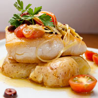 close-up of seared halibut